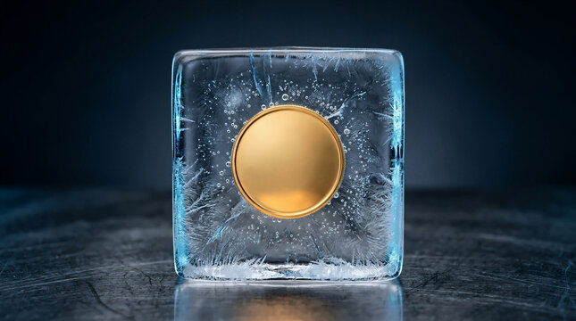 Gold coin frozen inside a clear ice block on dark metal surface
