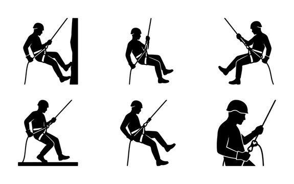 Rappelling silhouettes set with climbers descending, rock climbing and extreme sports for logo and signage
