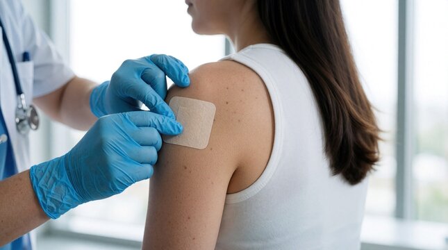 Doctor in blue gloves applies medicinal transdermal patch on woman shoulder in medical clinic. Nurse provides pain relief therapy hormone treatment to patient. Pro healthcare worker uses adhesive