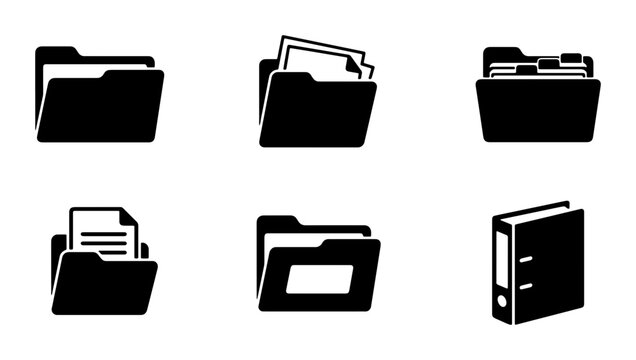 Folder vector silhouettes set with open file folder, office documents, tabbed directory, index sheets and ring binder for app and web