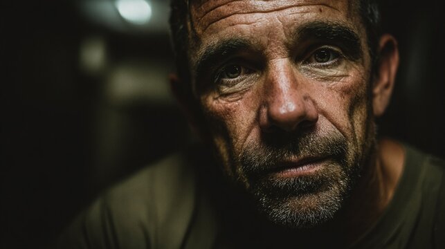 Male portrait with intense expression under low light