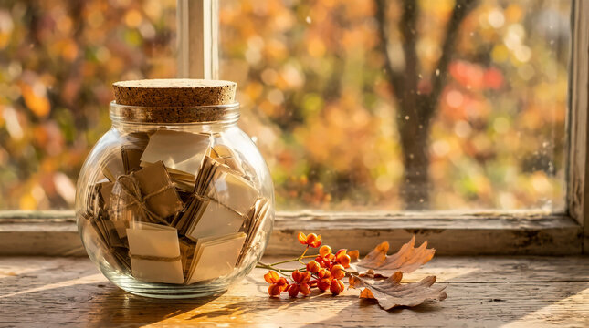Gratitude jar with paper notes on wooden windowsill in autumn