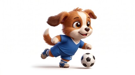 Fototapeta premium Cute puppy wearing a blue soccer jersey kicking a ball on white