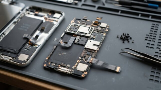 Disassembled smartphone with exposed logic board, ribbon cables and screws laid beside opened casing for repair.