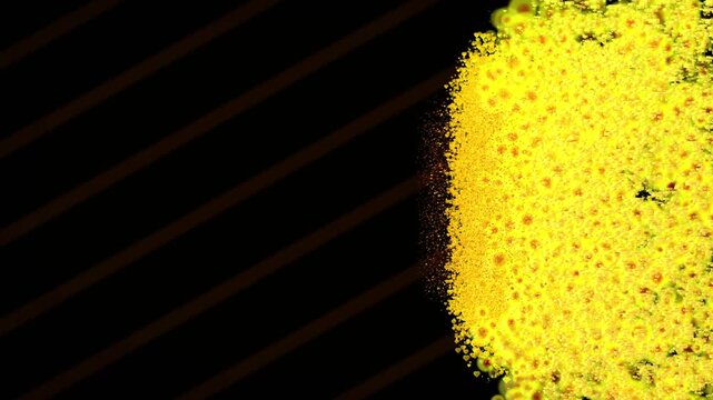 Bright yellow sun-like sphere of shimmering heart particles dissolving into dust at edge, animated abstract background with dark stripes and text area