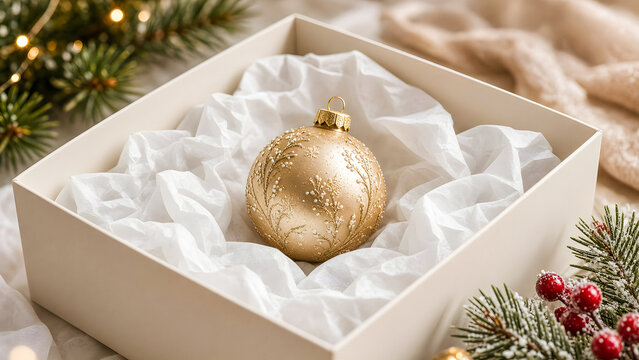 A golden ornament rests in a white box, nestled on crinkled tissue. Greenery surrounds it.