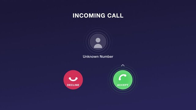 Incoming call screen interface with accept and decline buttons, unknown number notification, digital communication concept, dark blue background, modern UI design
