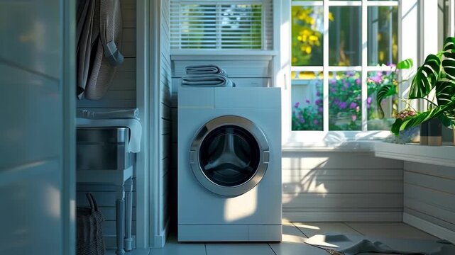 Modern Front-Loading Washing Machine in a Bright Sunlit Laundry Room