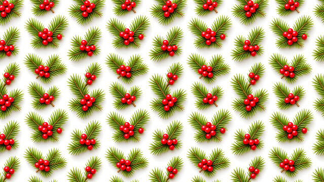 Green holly sprigs with red berries densely cover a white background. It&rsquo;s a festive pattern.
