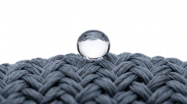 Clear glass sphere resting delicately upon textured dark gray woven fabric showing intricate textile details under bright studio lighting