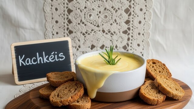 An elegant ramekin of molten Kachk&eacute;is cheese dip with rosemary and rye crostini, served on a walnut slab with a chalkboard and tone-on-tone Luxembourgish lace patterned linen featuring vast copy space