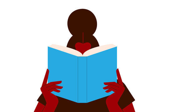 Dark-skinned teen, woman, young girl reading a blue book. High-res PNG vector illustration on transparent background. Education, reading, learning, library, passion, hobby, knowledge, book club
