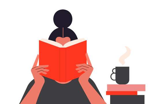 Cozy vector illustration of a person reading a red book with coffee and stacked books. Perfect for library, reading, study, literature, education, cafe, and social media designs. High-resolution PNG 