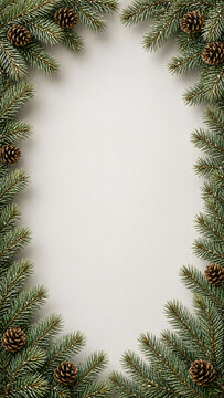 Green fir branches frame a blank white space with pinecones. Festive and natural.