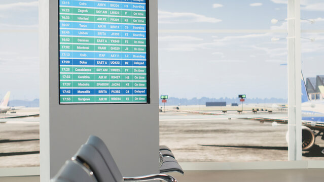 Empty airport terminal scene with flight cancellation and delay alerts, chaos with postponed traveling on board screen, stranded passengers and missed connections, travel plans ruined by crisis.
