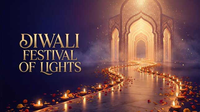 Diwali Festival of Lights Concept with Golden Ornate Archway and Illuminated Oil Lamps on Path