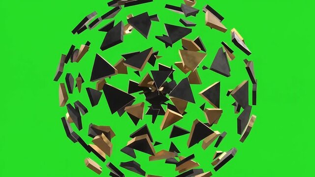 Geometric black and gold shards imploding into a sphere on green screen