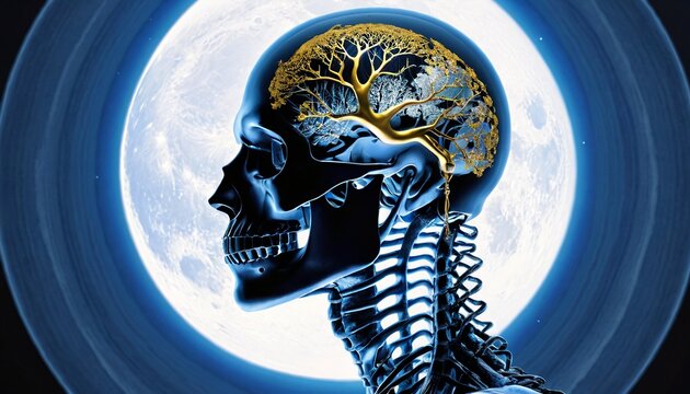 Golden Neural Tree Inside Human Skull with Full Moon Background
