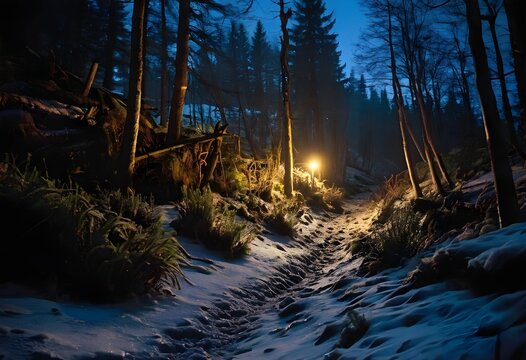 Winter Forest Path Illuminated by a Lantern at Twilight