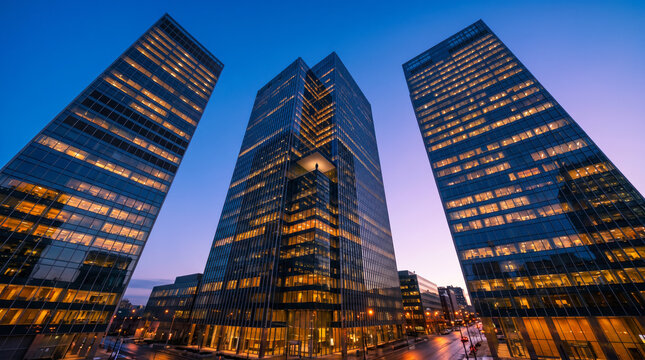 Towering glass office skyscrapers converging above street in downtown financial district at dusk