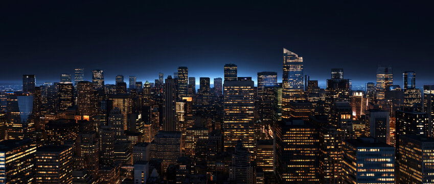 Dense downtown skyline of lit office towers glowing across financial district at night