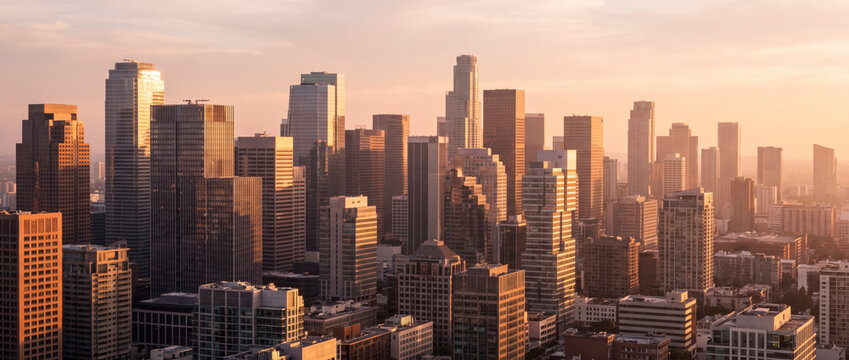 Golden hour glow over crowded downtown office towers in expansive financial district skyline