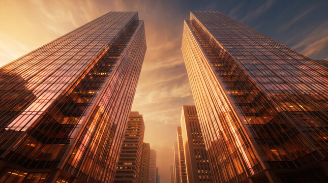 Reflective copper glass office skyscrapers rising through downtown financial district at sunset