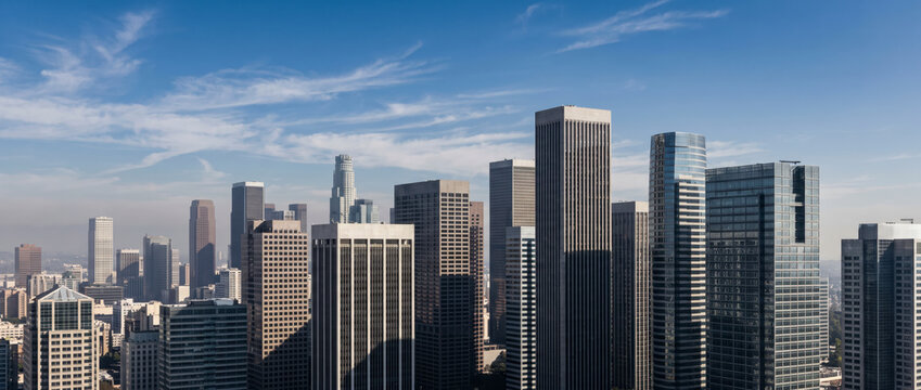 Panoramic downtown skyline of corporate office towers across financial district in daylight