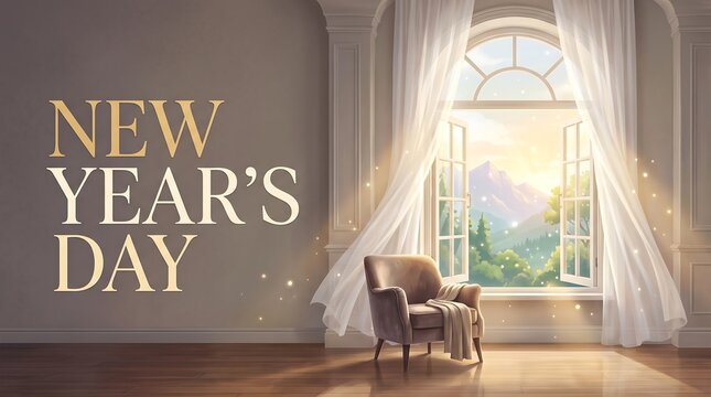New Years Day Morning Greeting with Scenic Mountain View through Open Window and Cozy Armchair