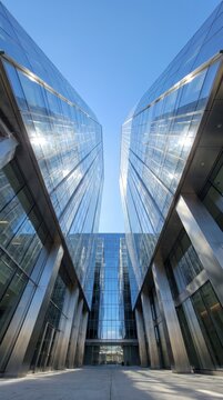 Symmetrical glass office buildings converging above plaza in modern downtown financial district