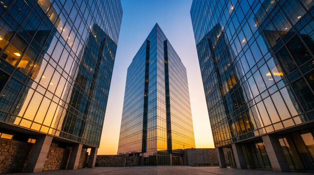 Glass office tower rising between reflective buildings at sunset in downtown financial district