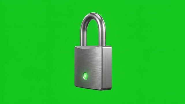 Brushed titanium padlock rotating on green screen for security concept