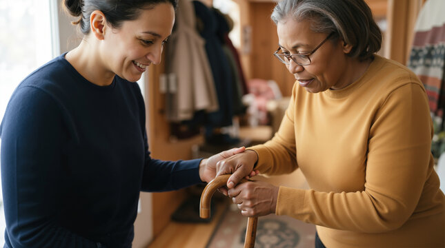 Younger adult woman helping an older relative use a wooden walking cane. Family caregiving and mobility assistance concept at home