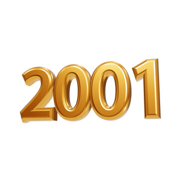 Shiny 3D golden text 2001 year isolated on black background, rendered metallic numbers for celebrations isolated on a transparent background