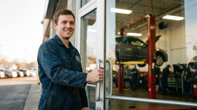 Smiling technician opens the glass door of a newly launched auto repair shop with a hydraulic lift visible behind