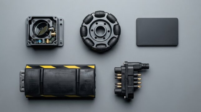 Warehouse robotics components laid out: lidar sensor, omni-wheel, rfid reader, safety bumper and charging dock connector for autonomous mobile robots