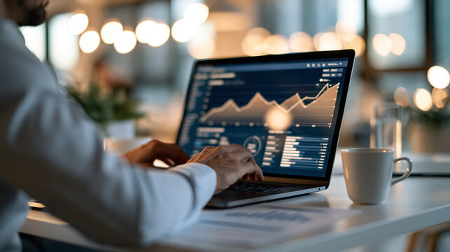 Web analytics dashboard businessperson seen from behind analyzing website traffic on a laptop screen showing marketing data visualization with statistical graphs and reports