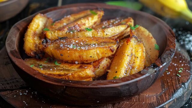 Fried Plantains in a Rustic Wooden Bowl