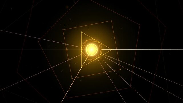Glowing geometric loop of abstract shapes receding into dark space.