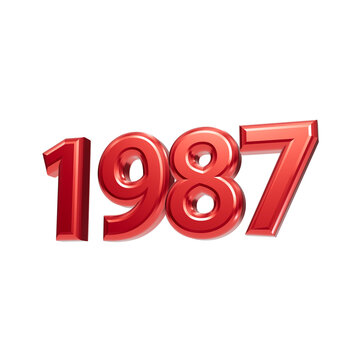Red 3D glossy numbers 1987 standing isolated on black background, celebrating year typography render isolated on a transparent background