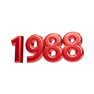 Red 3D glossy numbers 1988 standing isolated on black background, celebrating year typography render isolated on a transparent background
