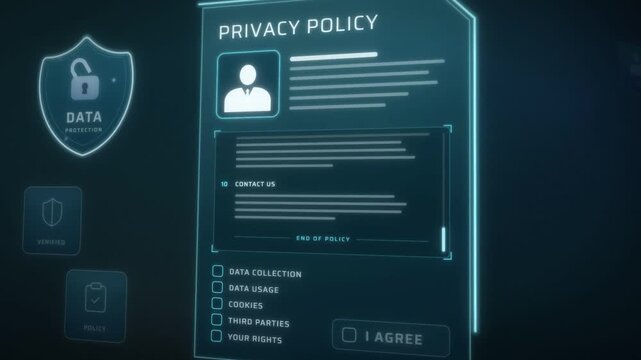 Privacy policy HUD interface with data protection shield, consent checkboxes and I agree button click