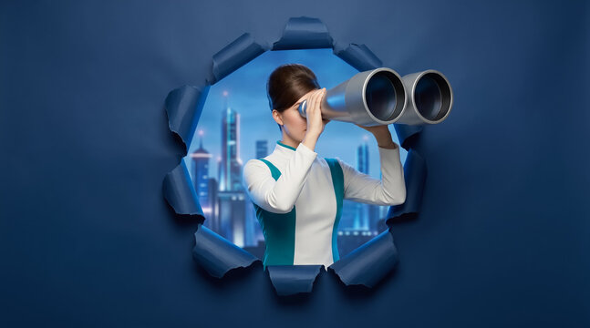 Woman looking through binoculars via a hole in blue paper, night cityscape visible behind, concept of vision and discovery. Business, exploration, future planning.