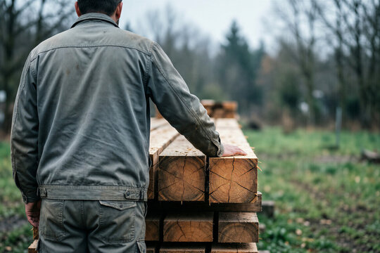 Worker touching wooden beams stack in outdoor timber yard