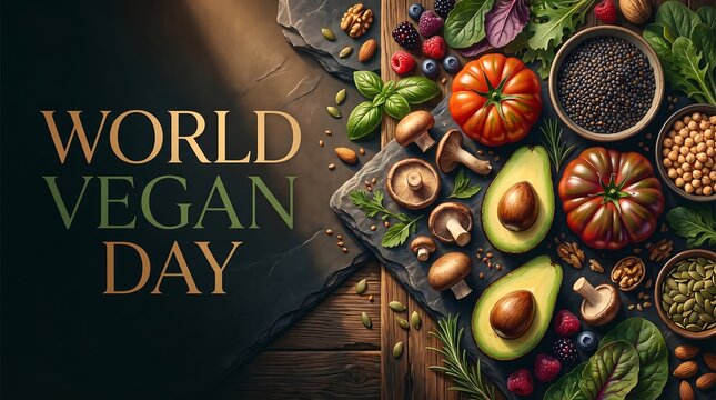World Vegan Day Banner with Fresh Vegetables Fruits Nuts and Legumes on Dark Rustic Background