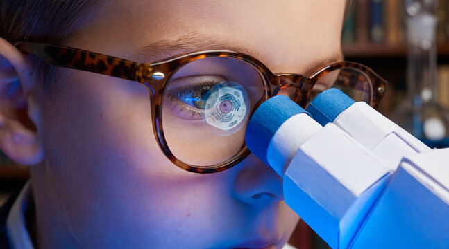 Close up of child looking through microscope lens, reflection of biological cell in eyewear, scientific discovery and education. Science, biology, research, learning.