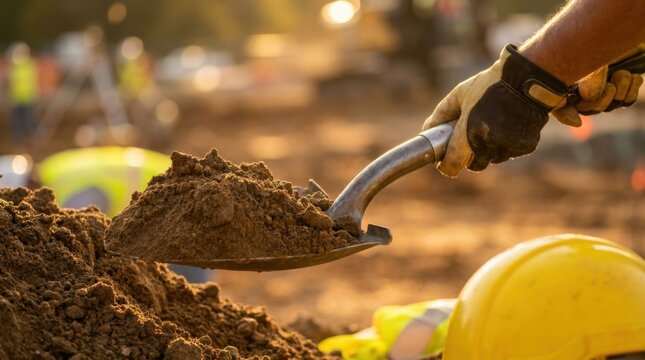 Gloved hands lifting fresh soil with a ceremonial shovel at a railway groundbreaking ceremony.