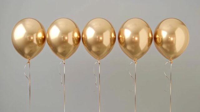 Five shiny gold metallic balloons with curled ribbons