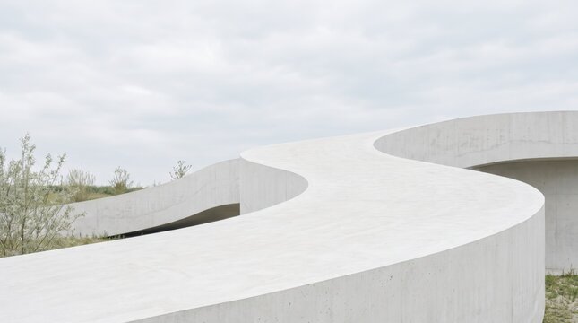 Sweeping concrete ribbon curving through coastal dunes as a metaphor for continuity and flow