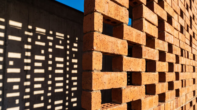 Perforated brick wall projecting rhythmic light patterns onto concrete in modern architecture